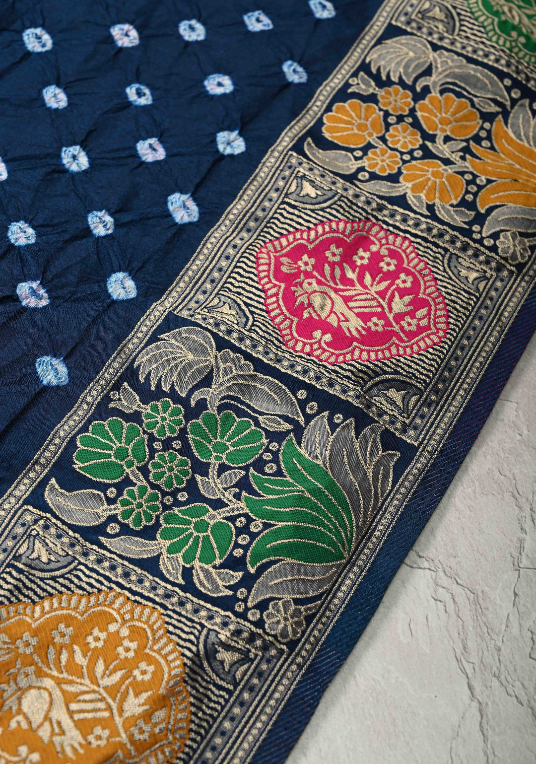 Prussian Blue Crushed Bandhini on Art Silk Saree with Meenakari Zari Border