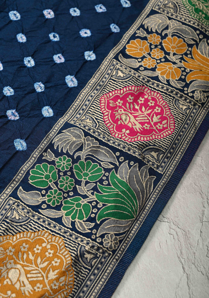 Prussian Blue Crushed Bandhini on Art Silk Saree with Meenakari Zari Border