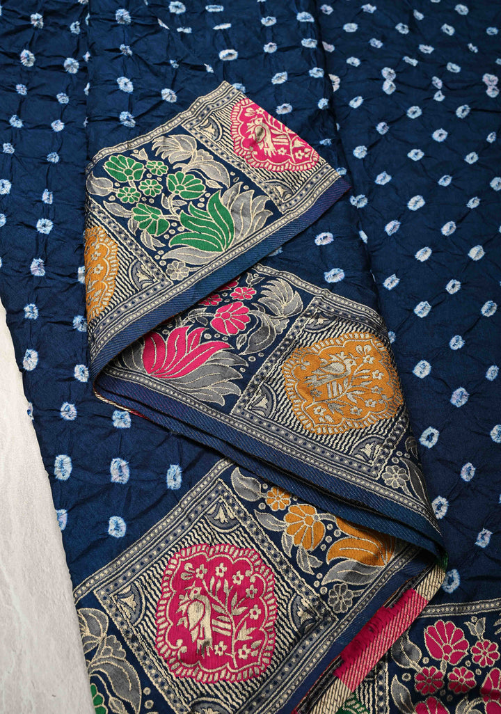 Prussian Blue Crushed Bandhini on Art Silk Saree with Meenakari Zari Border