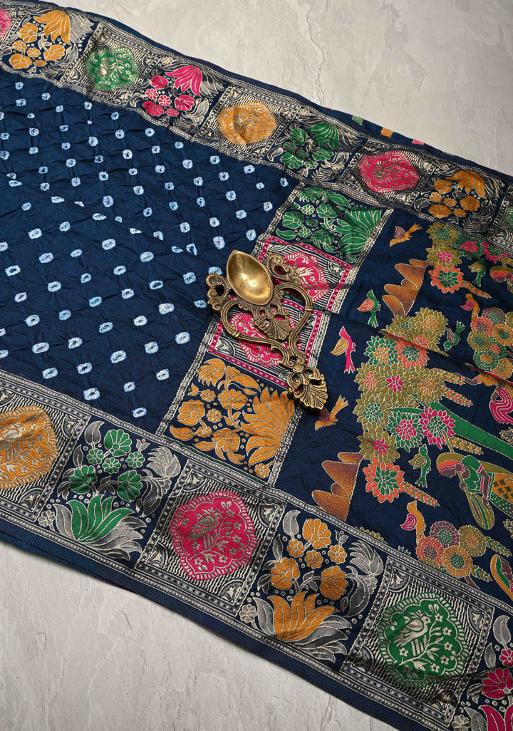 Prussian Blue Crushed Bandhini on Art Silk Saree with Meenakari Zari Border