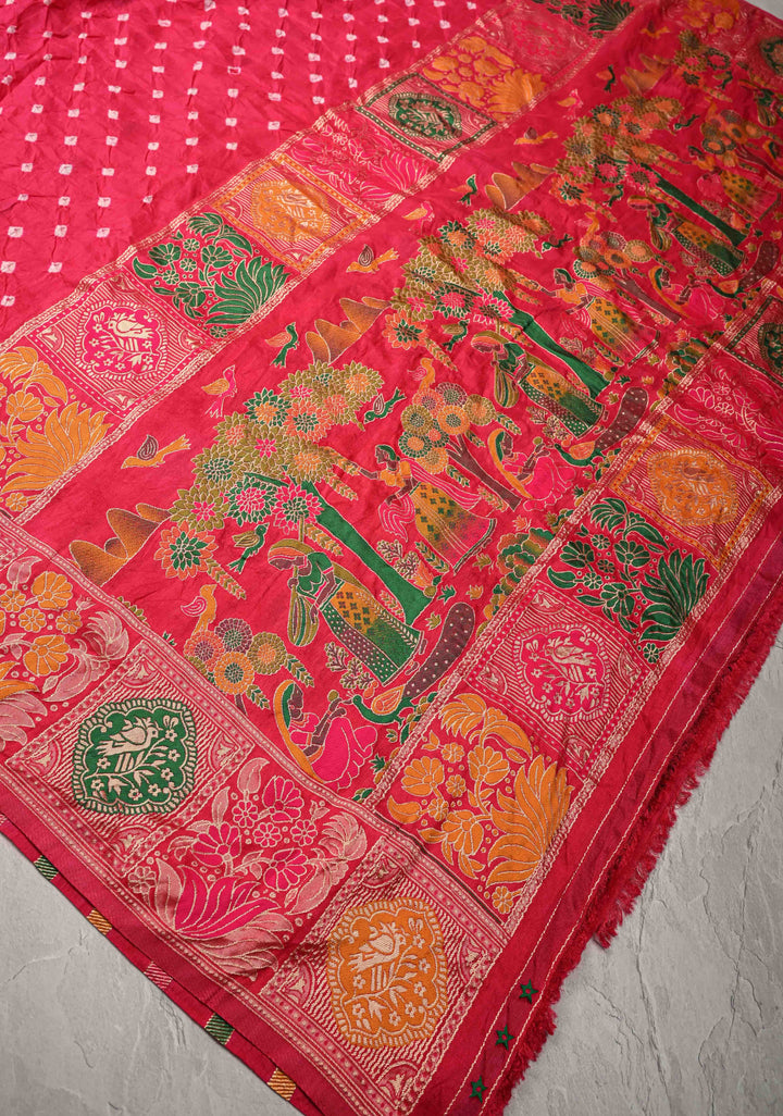 Rani Pink Crushed  Bandhani on Art Silk Saree with Meenakari Floral Zari Border and pallu