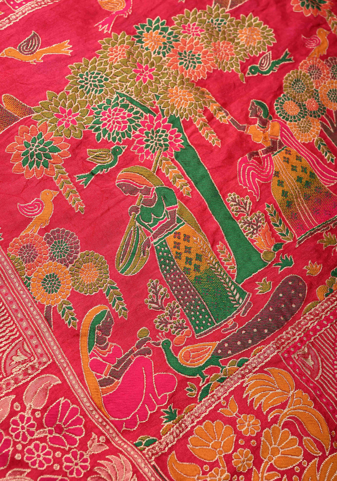 Rani Pink Crushed  Bandhani on Art Silk Saree with Meenakari Floral Zari Border and pallu