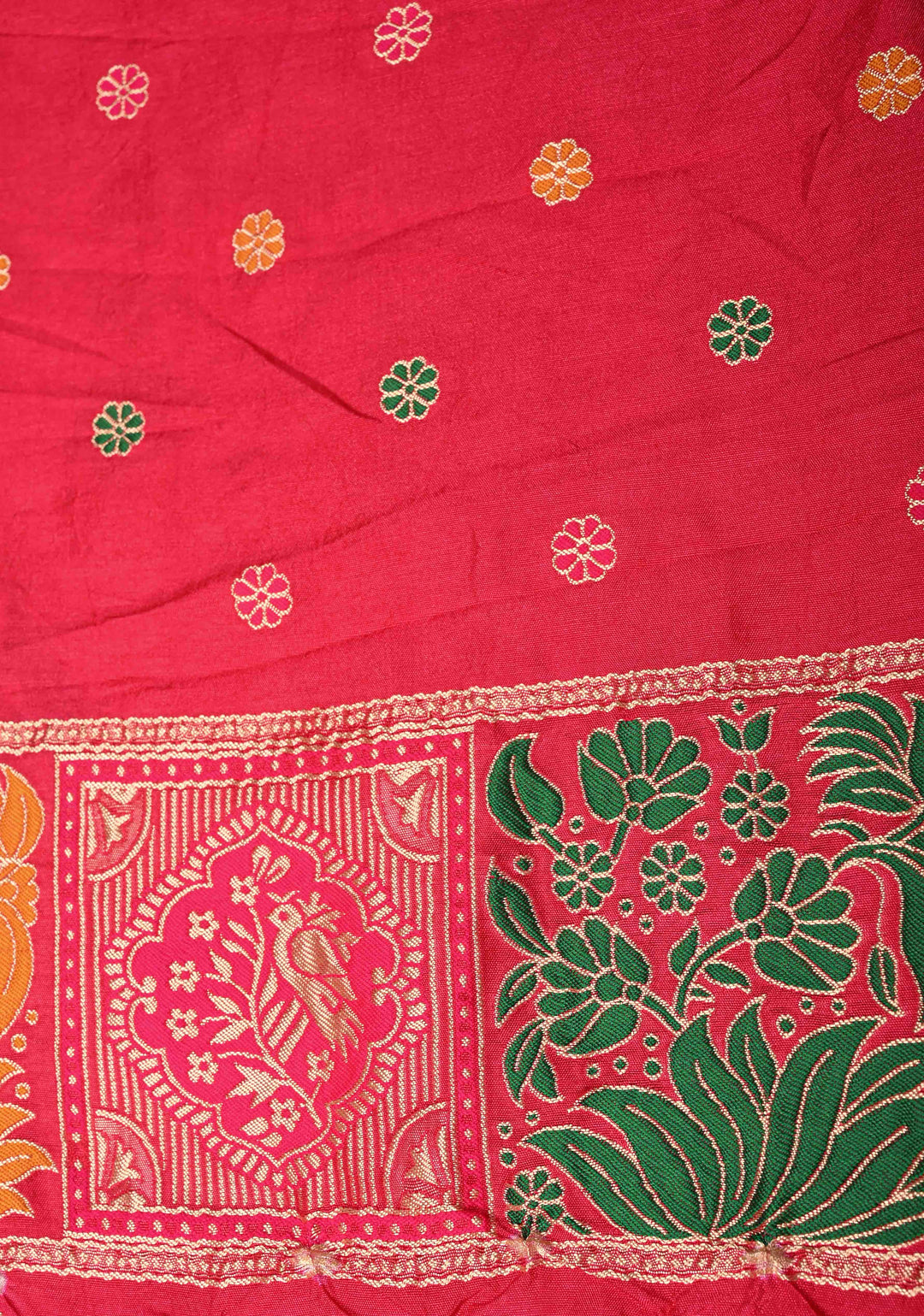 Rani Pink Crushed  Bandhani on Art Silk Saree with Meenakari Floral Zari Border and pallu