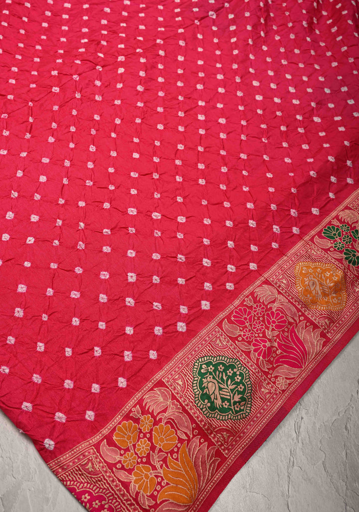 Rani Pink Crushed  Bandhani on Art Silk Saree with Meenakari Floral Zari Border and pallu