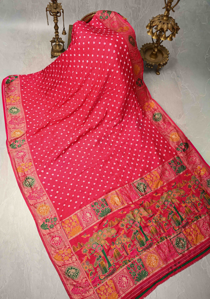 Rani Pink Crushed  Bandhani on Art Silk Saree with Meenakari Floral Zari Border and pallu