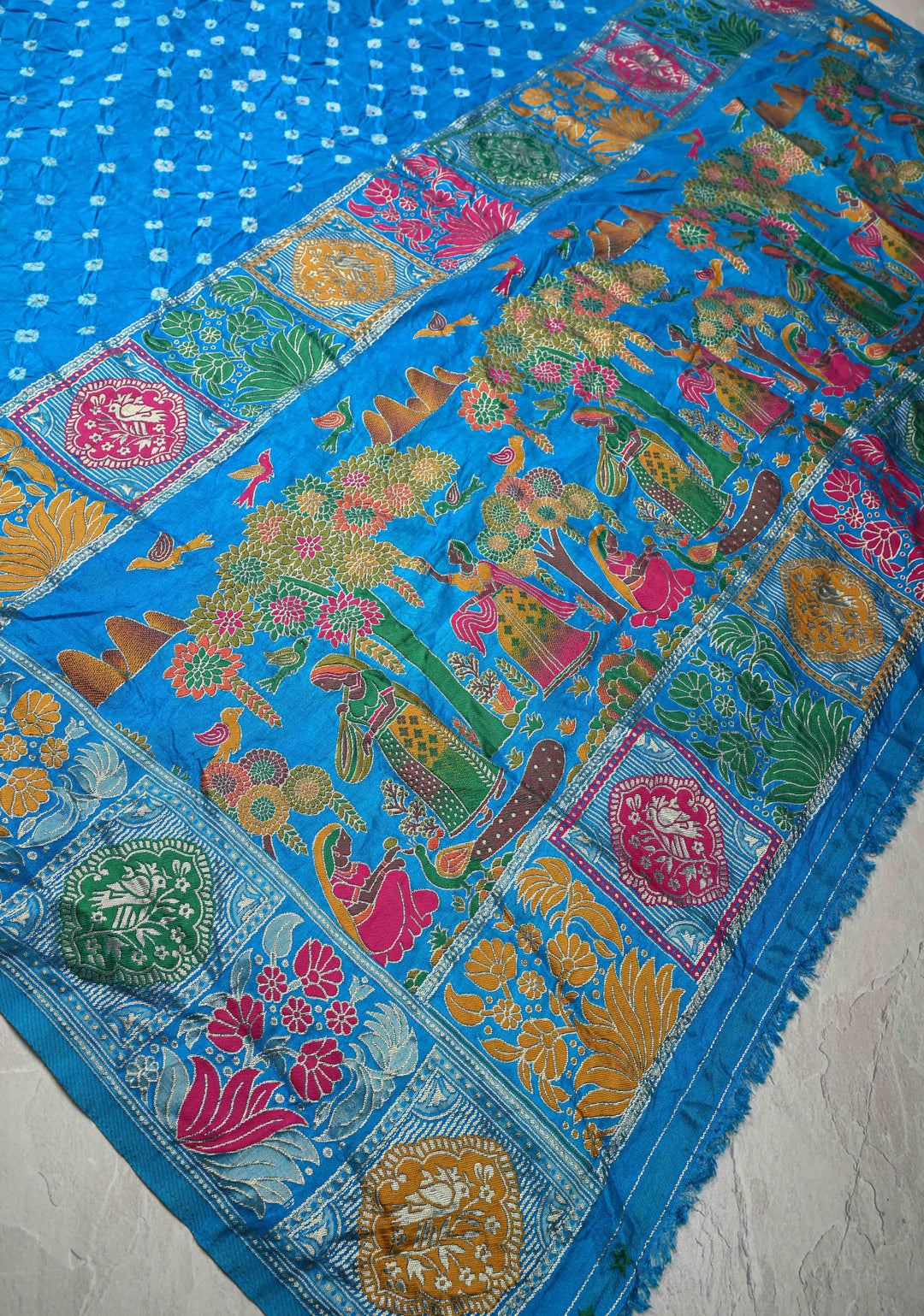 Copper Sulphate Blue Crushed  Bandhani on Art Silk Saree with Meenakari Floral Zari Border and Pallu