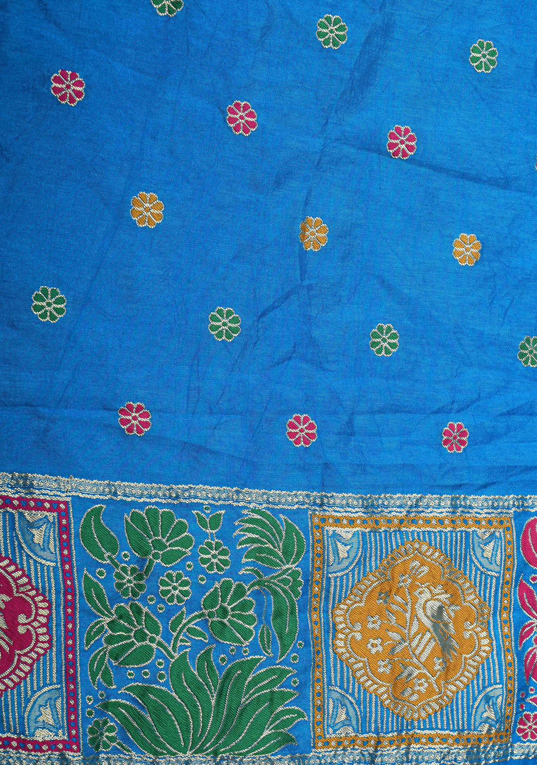 Copper Sulphate Blue Crushed  Bandhani on Art Silk Saree with Meenakari Floral Zari Border and Pallu