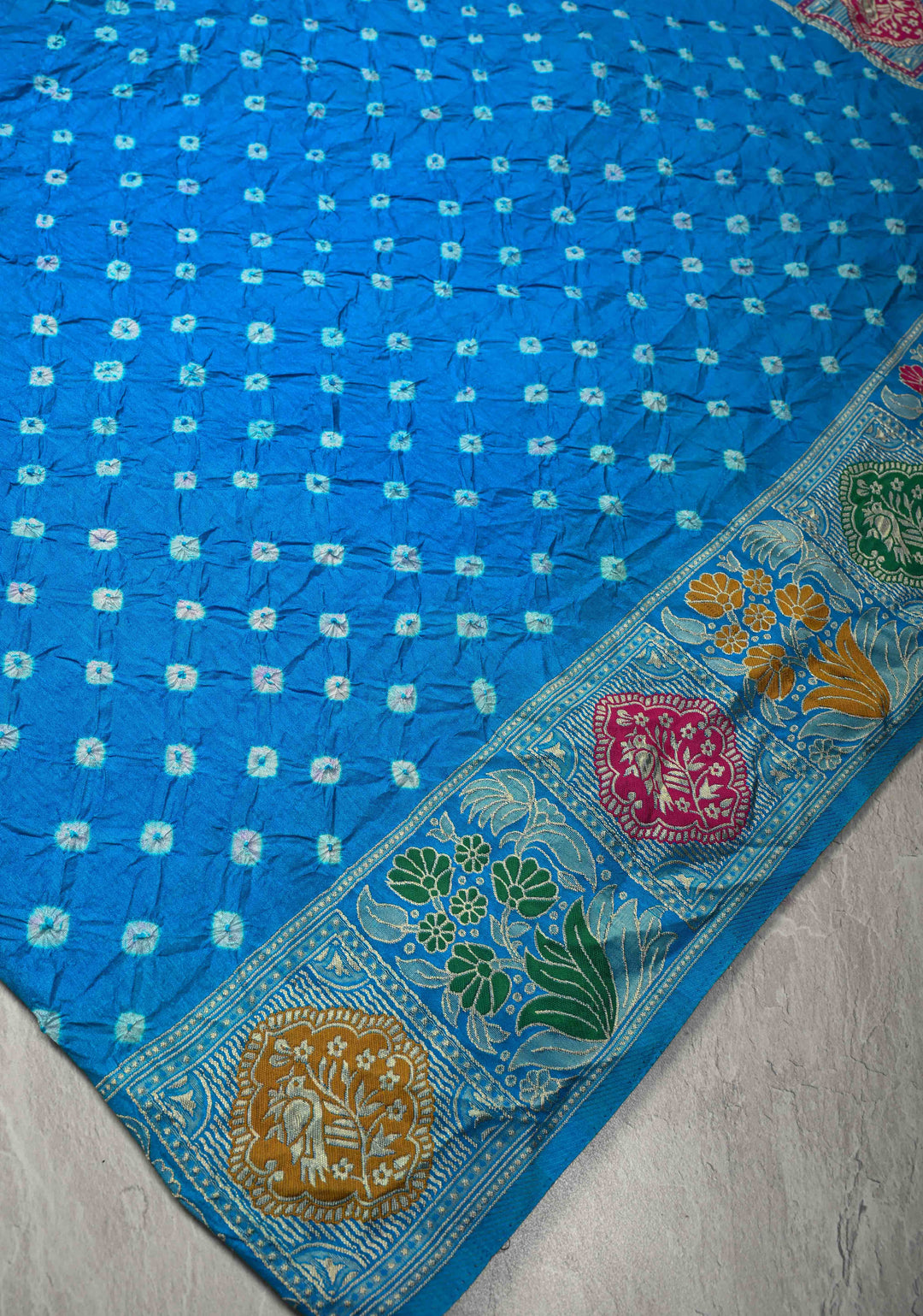 Copper Sulphate Blue Crushed  Bandhani on Art Silk Saree with Meenakari Floral Zari Border and Pallu