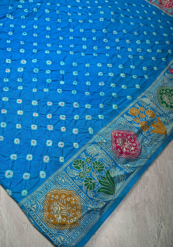 Copper Sulphate Blue Crushed  Bandhani on Art Silk Saree with Meenakari Floral Zari Border and Pallu