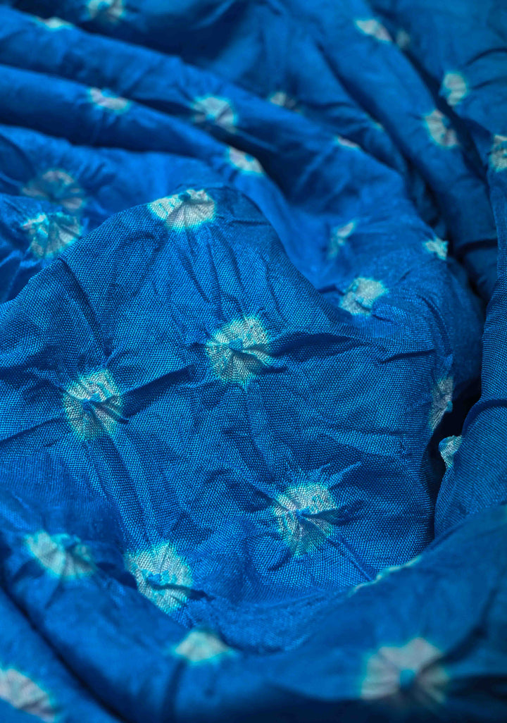 Copper Sulphate Blue Crushed  Bandhani on Art Silk Saree with Meenakari Floral Zari Border and Pallu