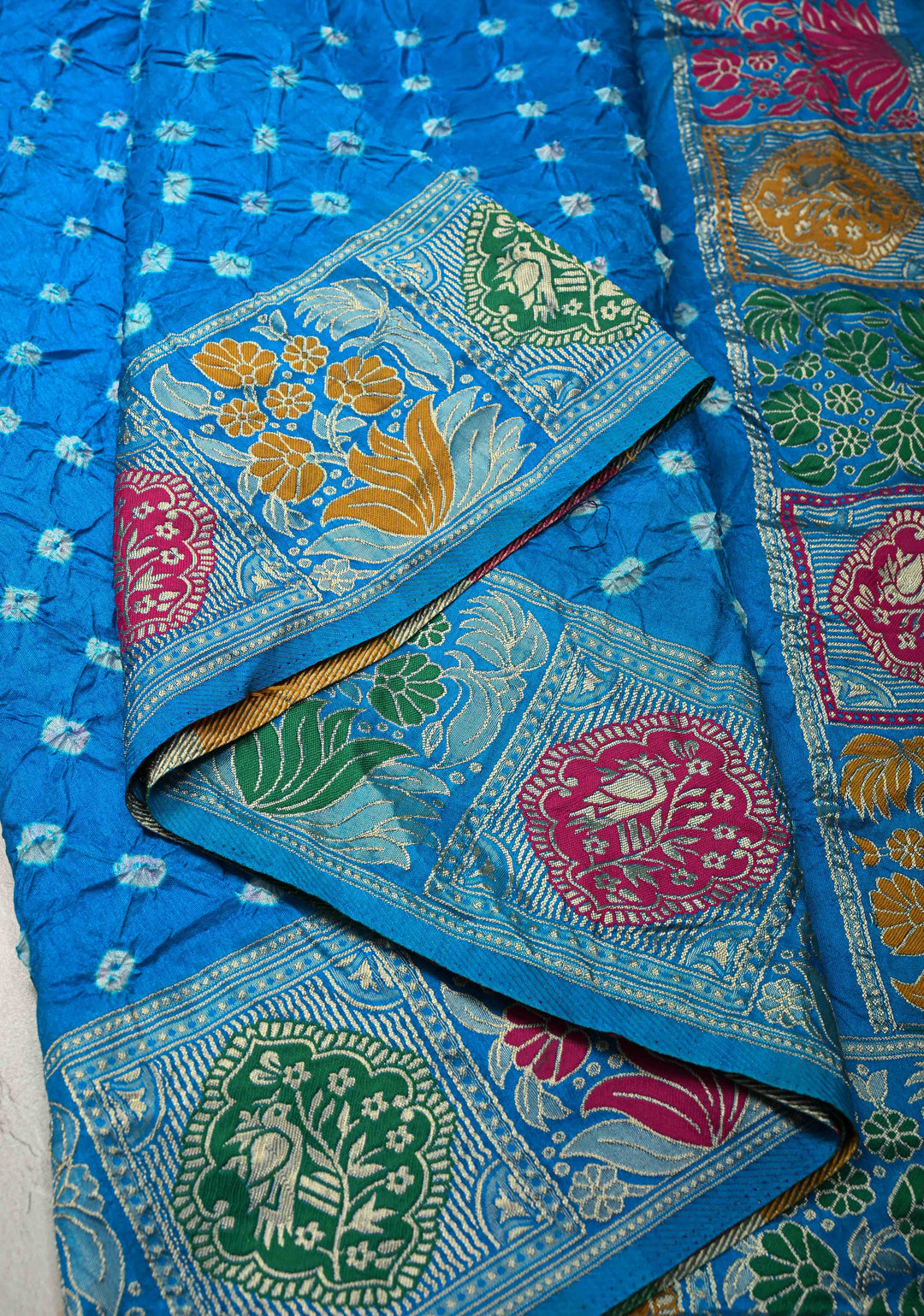 Copper Sulphate Blue Crushed  Bandhani on Art Silk Saree with Meenakari Floral Zari Border and Pallu