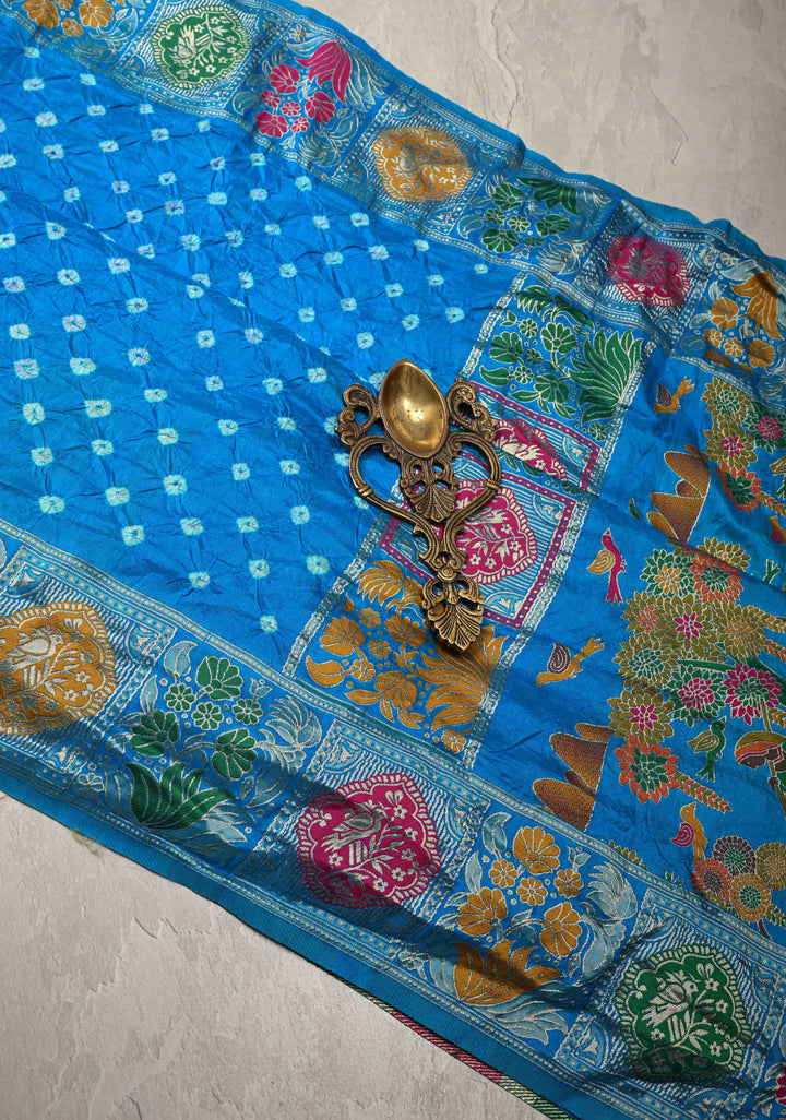 Copper Sulphate Blue Crushed  Bandhani on Art Silk Saree with Meenakari Floral Zari Border and Pallu