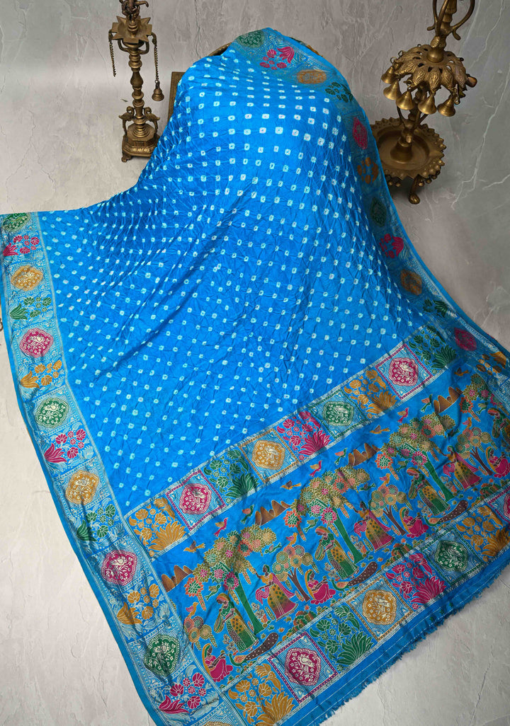 Copper Sulphate Blue Crushed  Bandhani on Art Silk Saree with Meenakari Floral Zari Border and Pallu