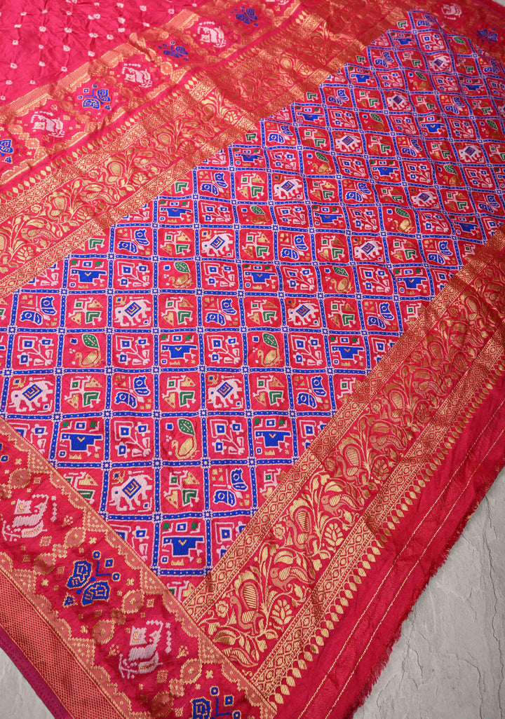 Bright Pink Crushed Bandhini on Art Silk Saree with Meenakari Zari Border and Patola Pallu