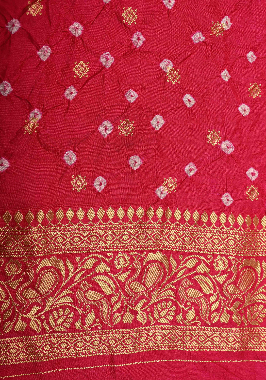 Bright Pink Crushed Bandhini on Art Silk Saree with Meenakari Zari Border and Patola Pallu
