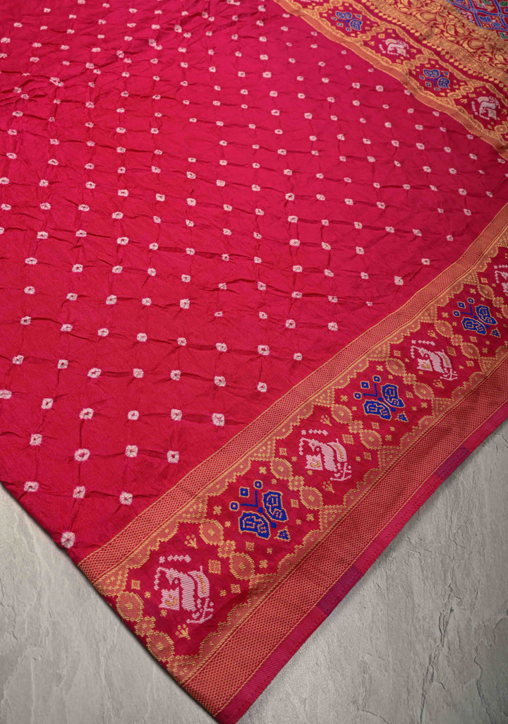 Bright Pink Crushed Bandhini on Art Silk Saree with Meenakari Zari Border and Patola Pallu