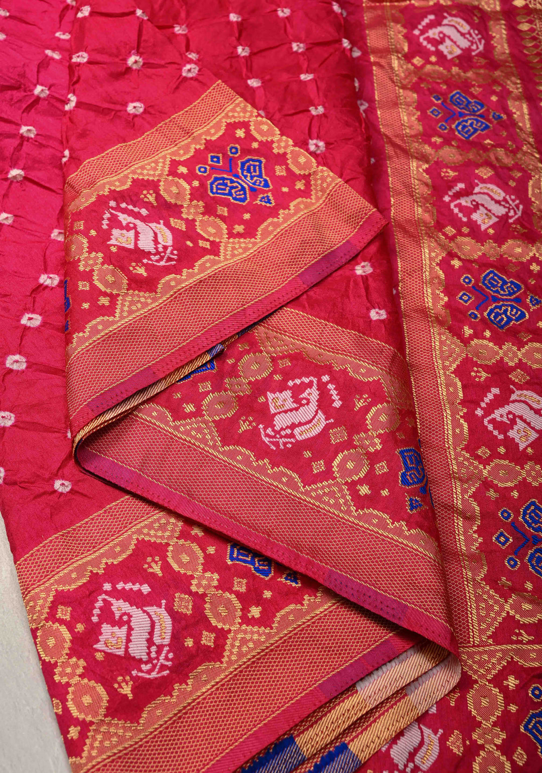 Bright Pink Crushed Bandhini on Art Silk Saree with Meenakari Zari Border and Patola Pallu
