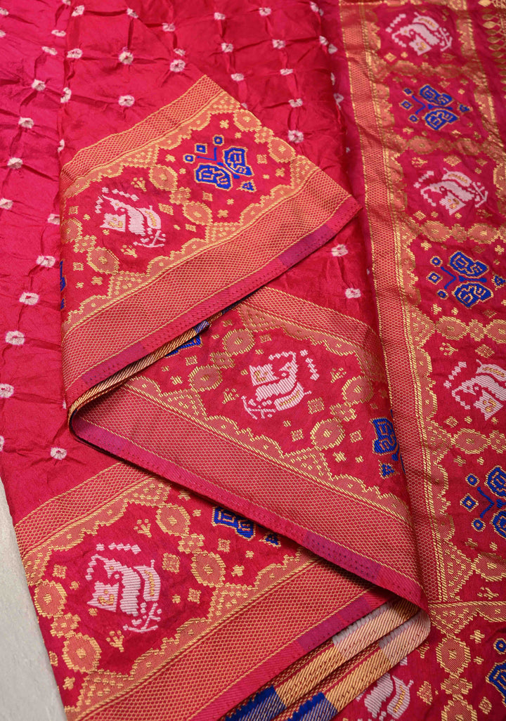 Bright Pink Crushed Bandhini on Art Silk Saree with Meenakari Zari Border and Patola Pallu