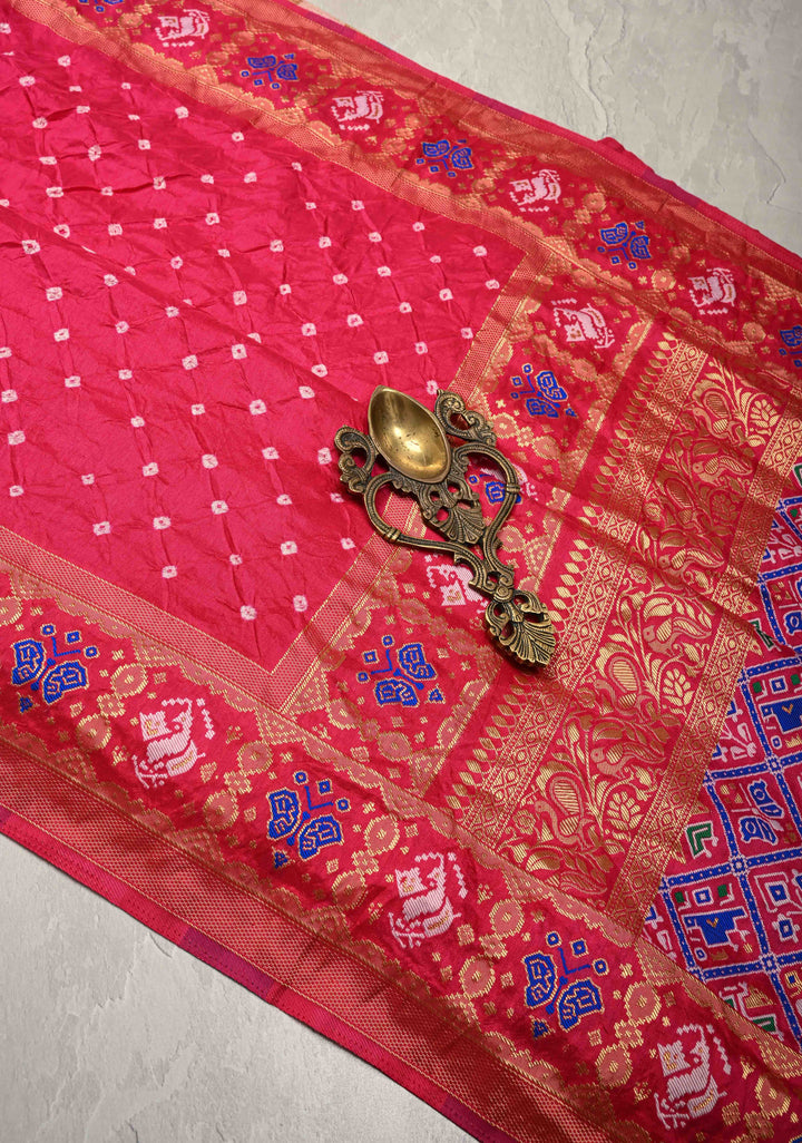 Bright Pink Crushed Bandhini on Art Silk Saree with Meenakari Zari Border and Patola Pallu