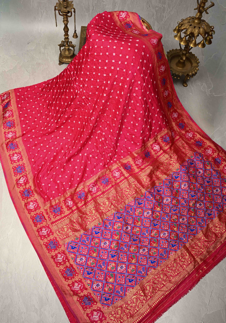 Bright Pink Crushed Bandhini on Art Silk Saree with Meenakari Zari Border and Patola Pallu