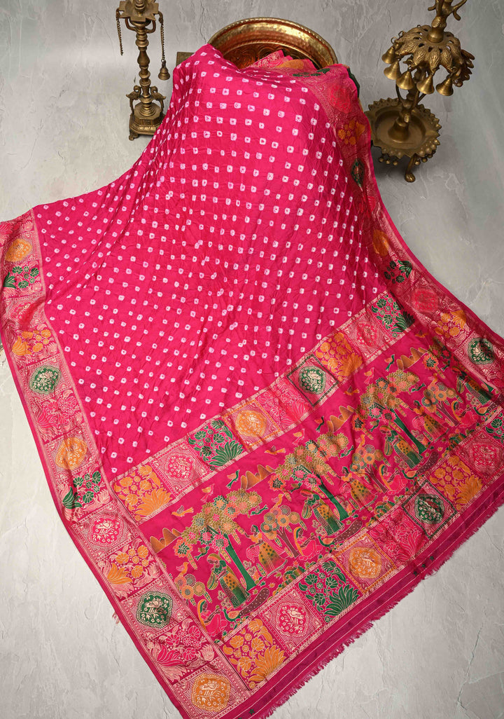 Fuchsia Pink Crushed Bandhini on Art Silk Saree with Meenakari Zari Border and Village Theme Pallu