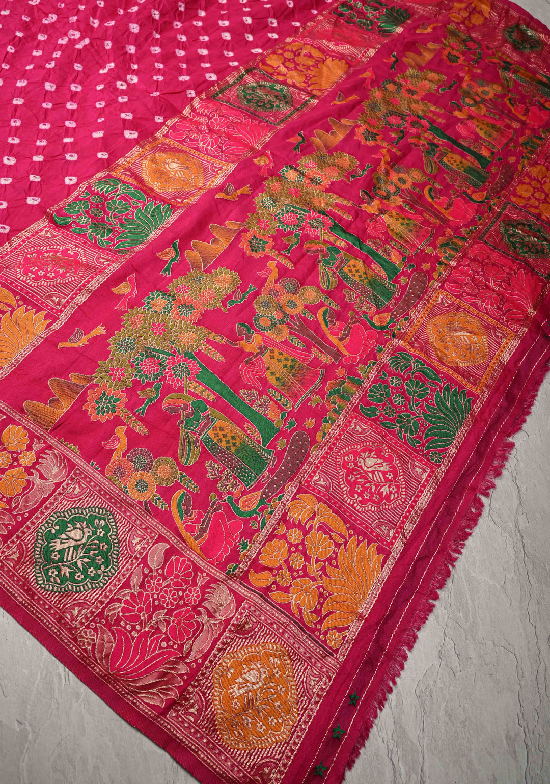 Fuchsia Pink Crushed Bandhini on Art Silk Saree with Meenakari Zari Border and Village Theme Pallu