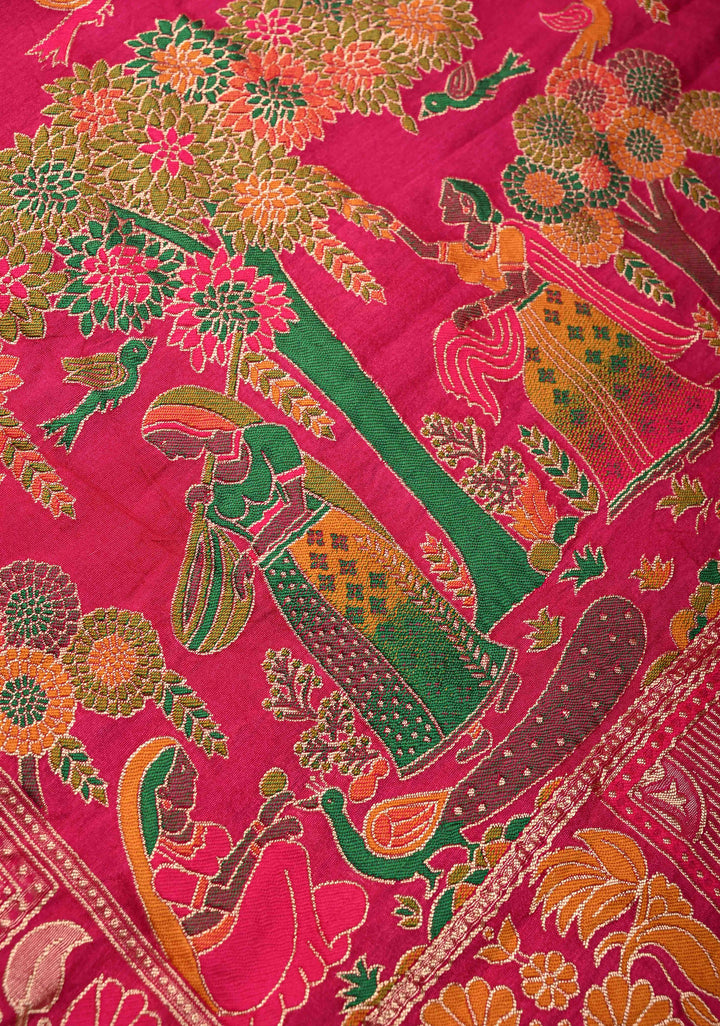 Fuchsia Pink Crushed Bandhini on Art Silk Saree with Meenakari Zari Border and Village Theme Pallu