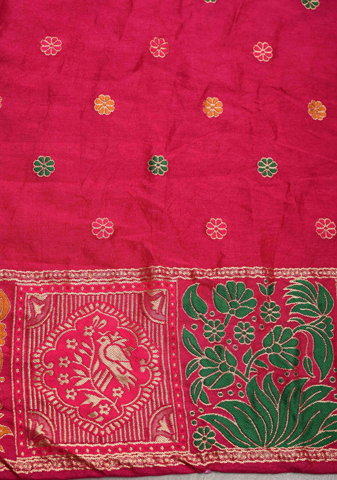 Fuchsia Pink Crushed Bandhini on Art Silk Saree with Meenakari Zari Border and Village Theme Pallu