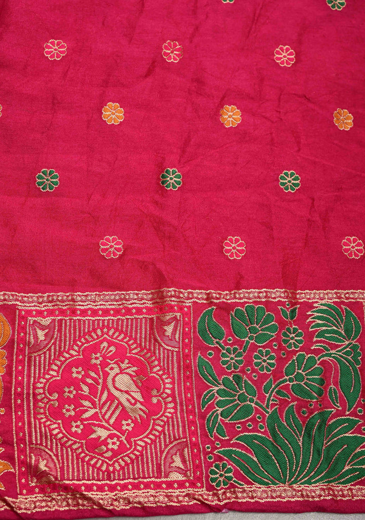 Fuchsia Pink Crushed Bandhini on Art Silk Saree with Meenakari Zari Border and Village Theme Pallu