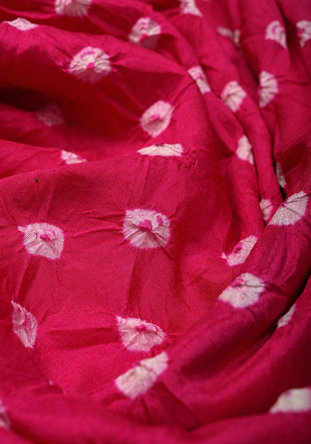 Fuchsia Pink Crushed Bandhini on Art Silk Saree with Meenakari Zari Border and Village Theme Pallu