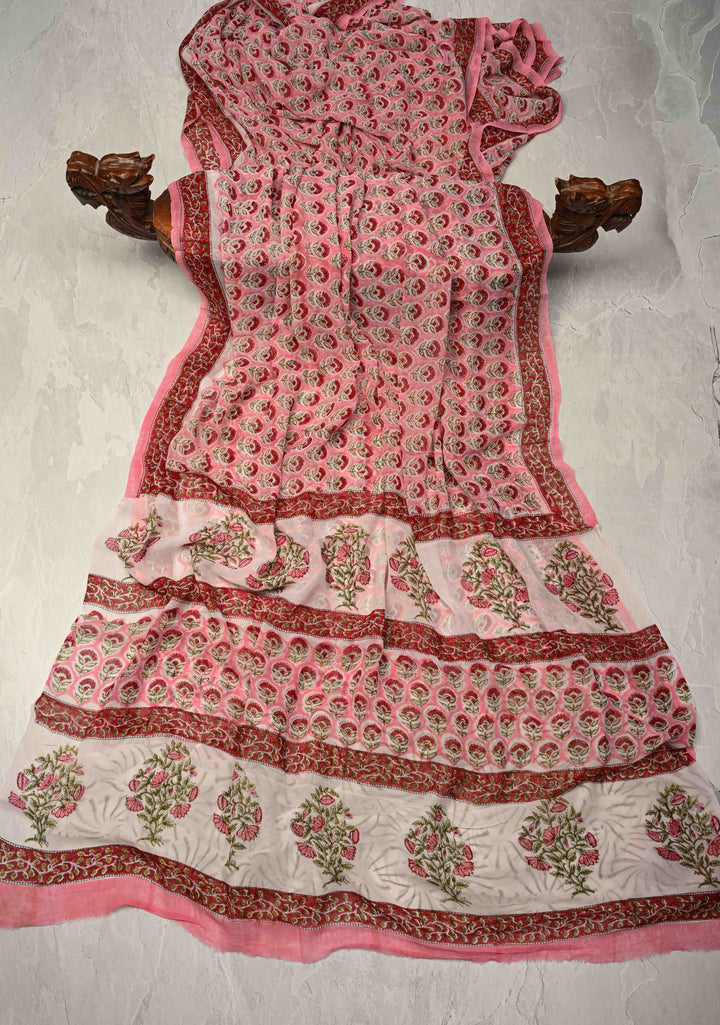 Rose Pink Georgette Saree with Sanganeri Hand Block Print