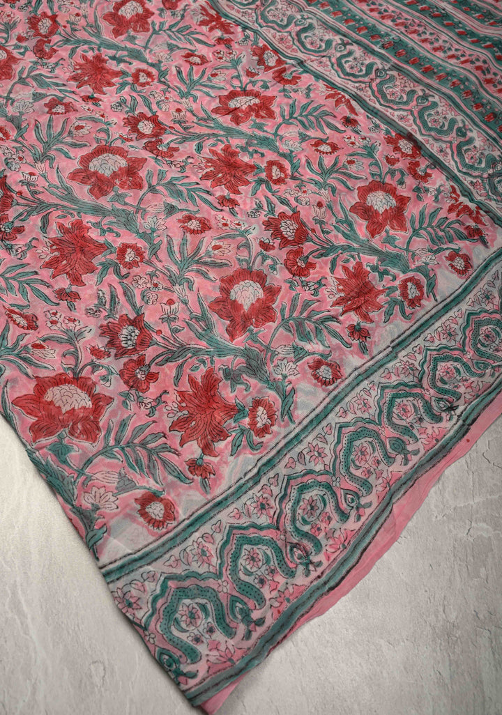Light Pink Georgette Saree with Sanganeri Hand Block Print