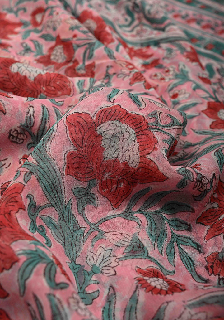 Light Pink Georgette Saree with Sanganeri Hand Block Print