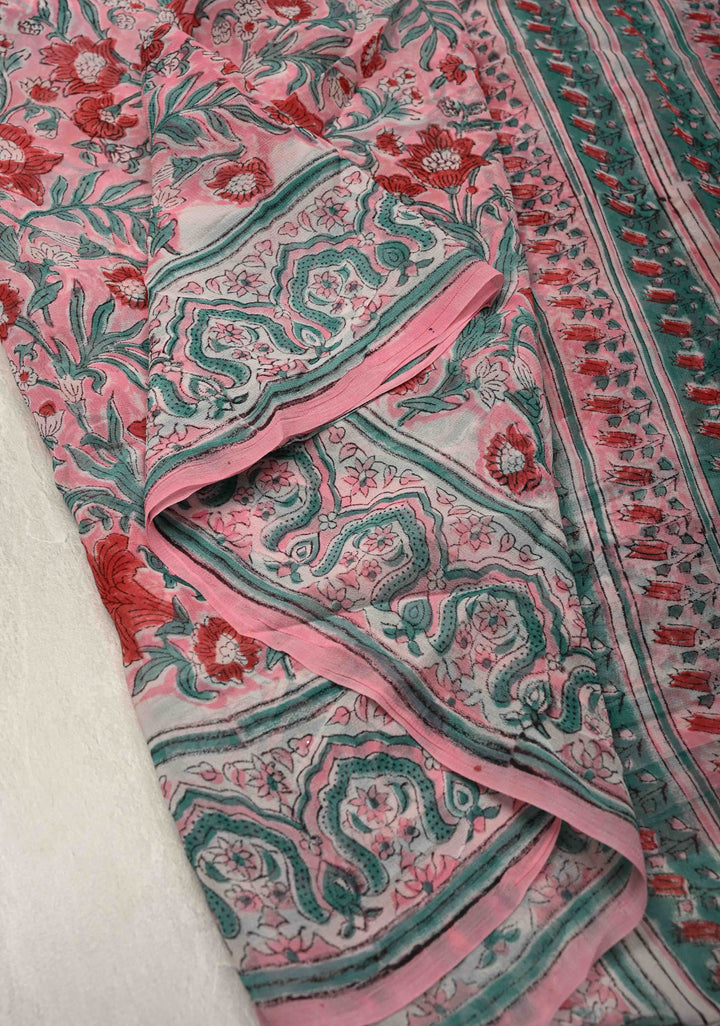 Light Pink Georgette Saree with Sanganeri Hand Block Print