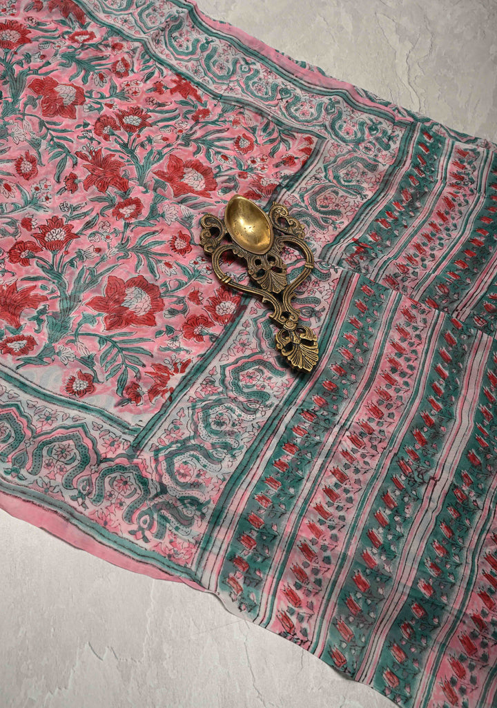 Light Pink Georgette Saree with Sanganeri Hand Block Print