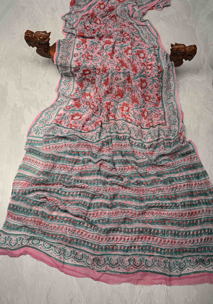Light Pink Georgette Saree with Sanganeri Hand Block Print