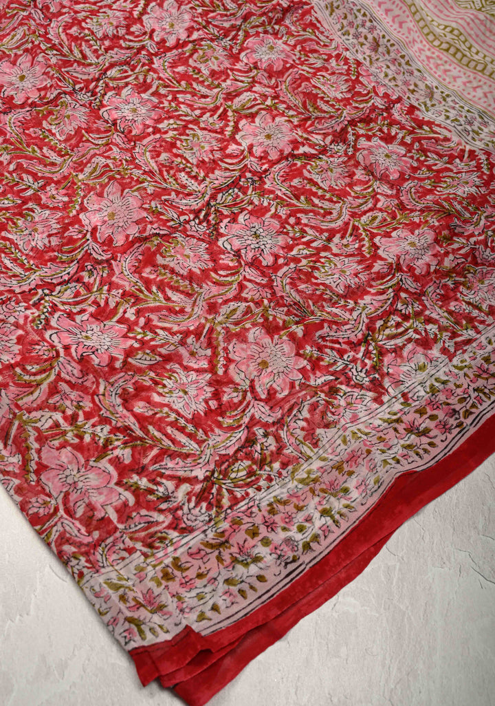 Brick Red Georgette Saree with Sanganeri Hand Block Print