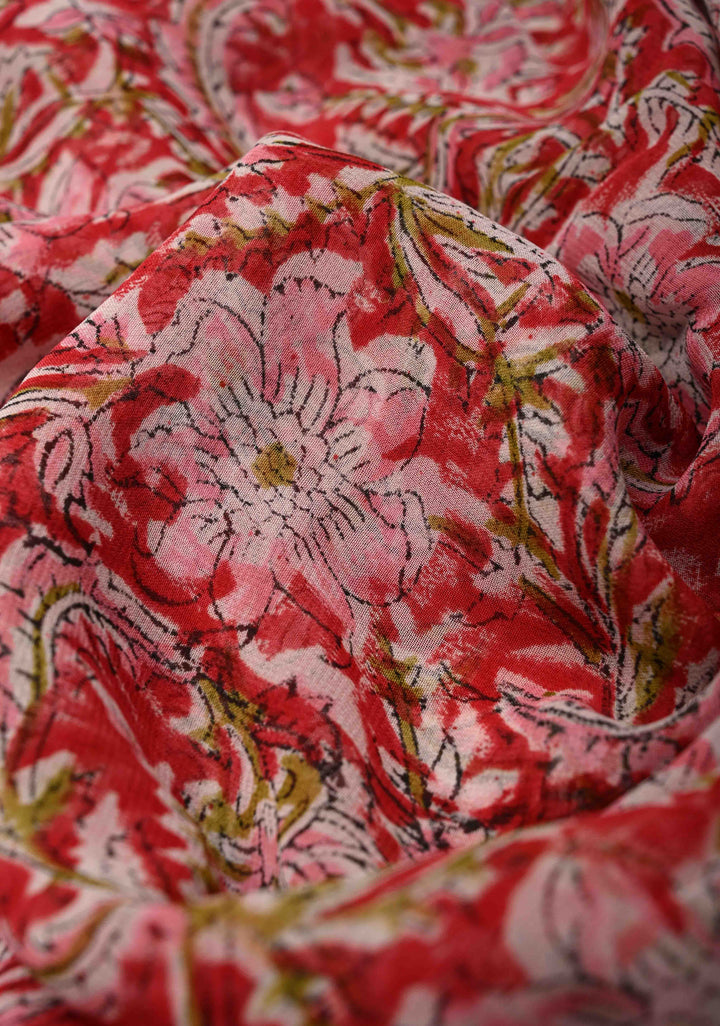 Brick Red Georgette Saree with Sanganeri Hand Block Print