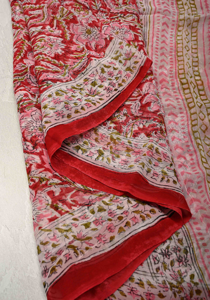 Brick Red Georgette Saree with Sanganeri Hand Block Print