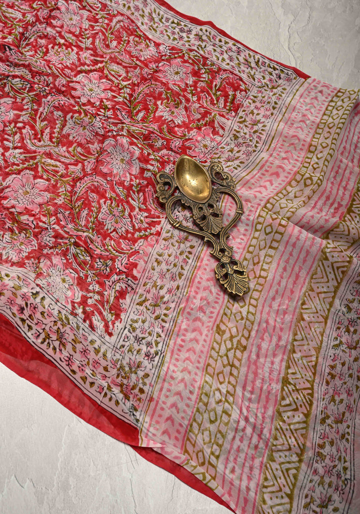Brick Red Georgette Saree with Sanganeri Hand Block Print