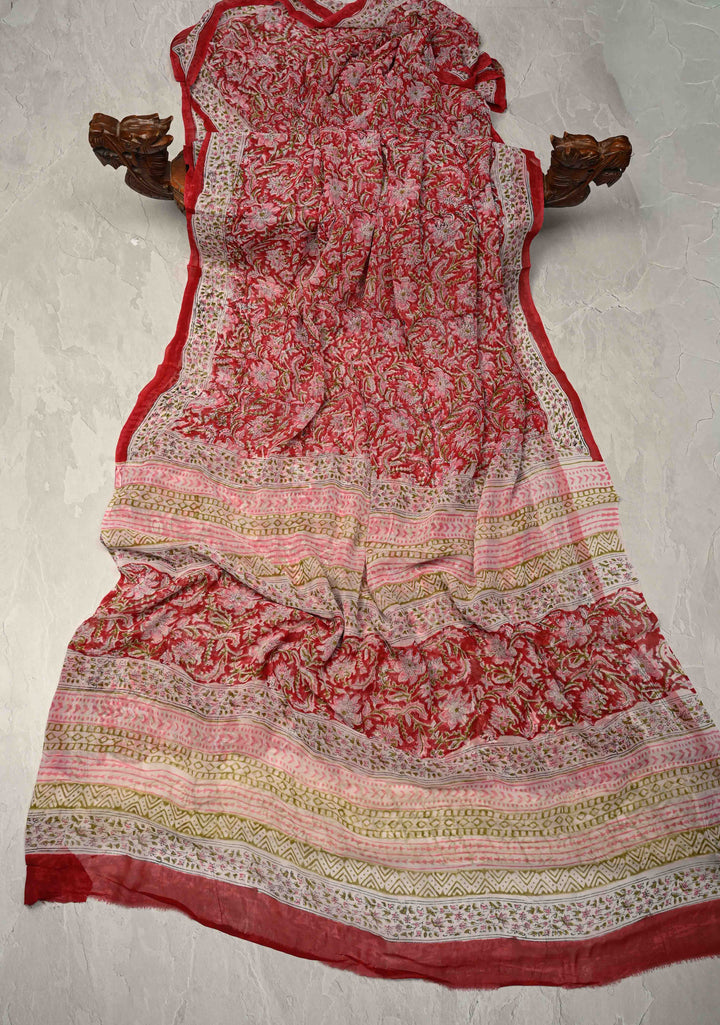 Brick Red Georgette Saree with Sanganeri Hand Block Print