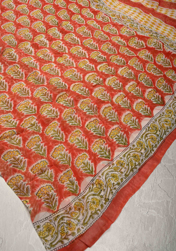 Fanta Orange Georgette Saree with Sanganeri Hand Block Print