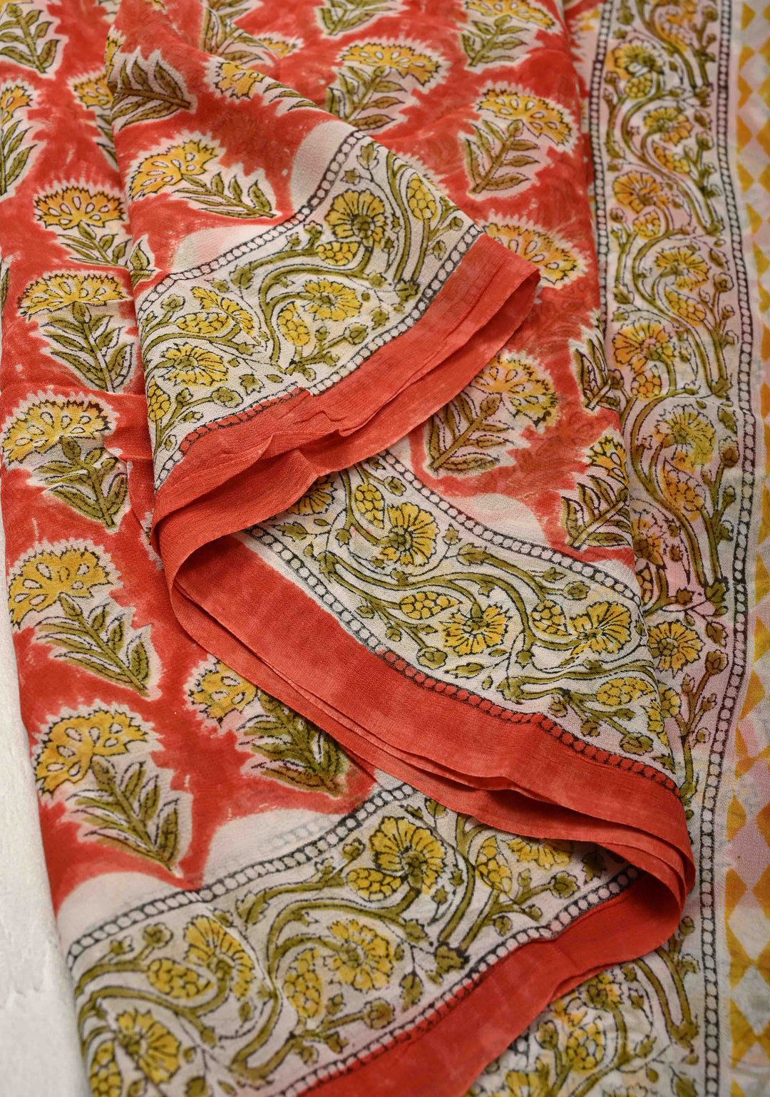 Fanta Orange Georgette Saree with Sanganeri Hand Block Print