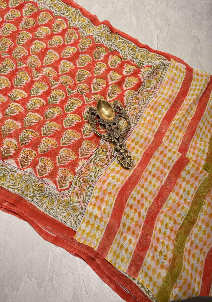 Fanta Orange Georgette Saree with Sanganeri Hand Block Print