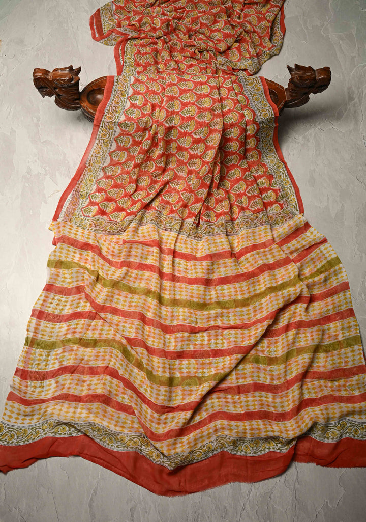 Fanta Orange Georgette Saree with Sanganeri Hand Block Print