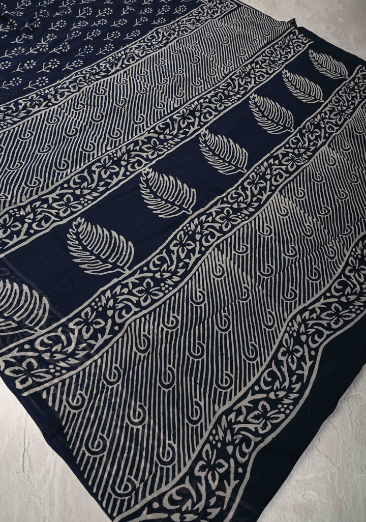 Midnight Blue Georgette Saree with Hand Block Print