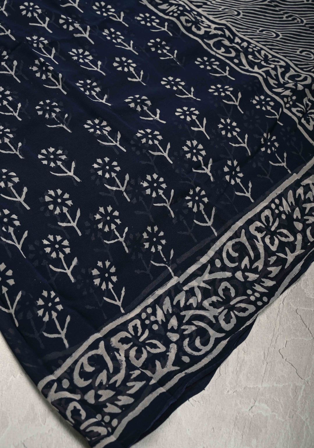Midnight Blue Georgette Saree with Hand Block Print