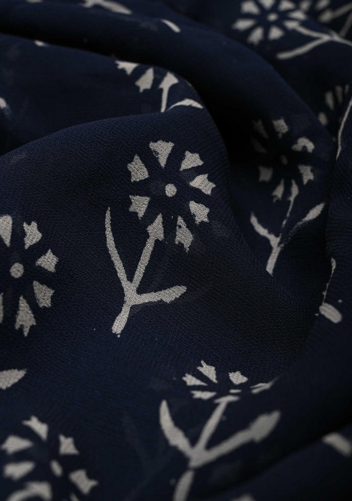 Midnight Blue Georgette Saree with Hand Block Print