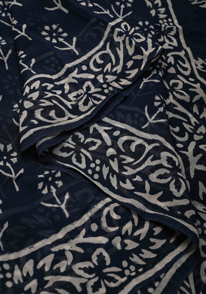 Midnight Blue Georgette Saree with Hand Block Print
