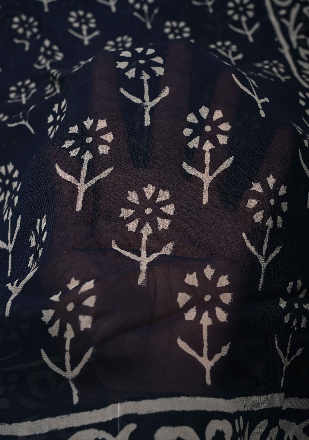 Midnight Blue Georgette Saree with Hand Block Print